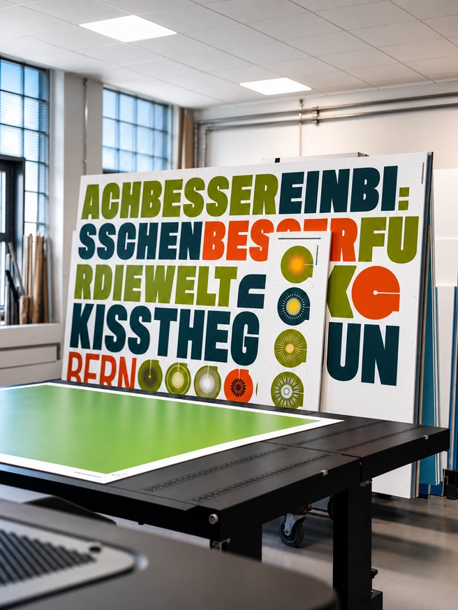 Impression grand format de supports graphiques colorés dans l’atelier de Décora Publicité à Genève