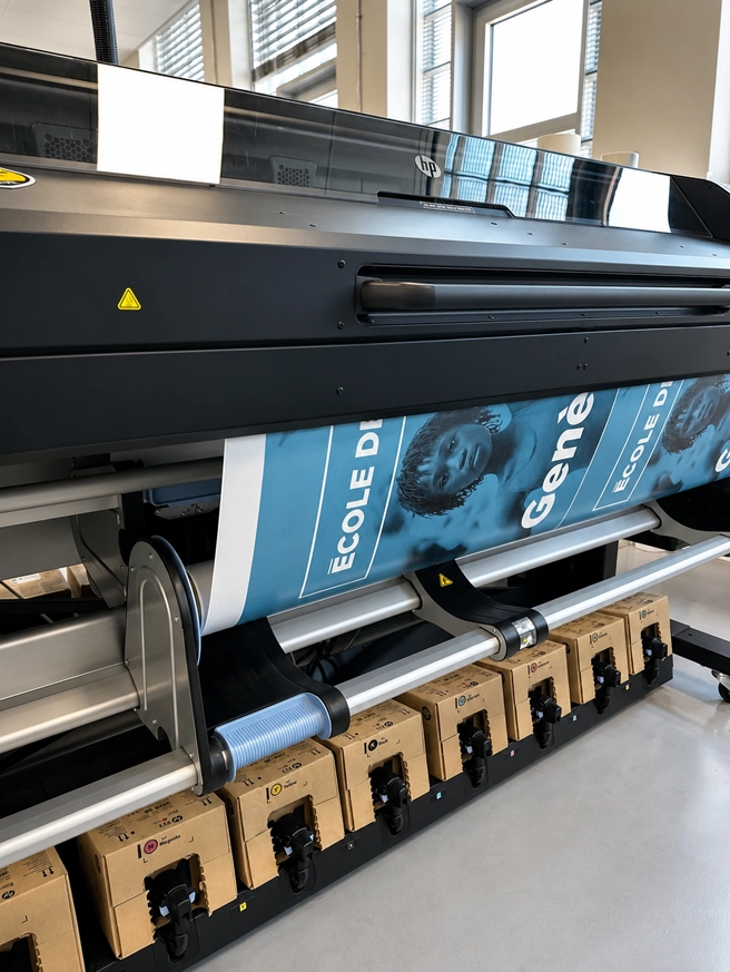 Impression grand format avec encres écologiques sur imprimante HP chez Décora Publicité à Genève