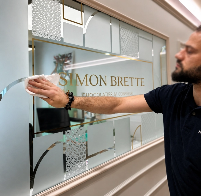 Pose d’un film décoratif et d’un lettrage adhésif sur une vitrine Simon Brette à Genève