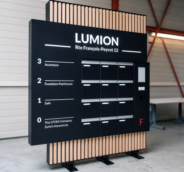 Totem de signalétique intérieure Lumion avec boîtes aux lettres et identification des entreprises à Genève